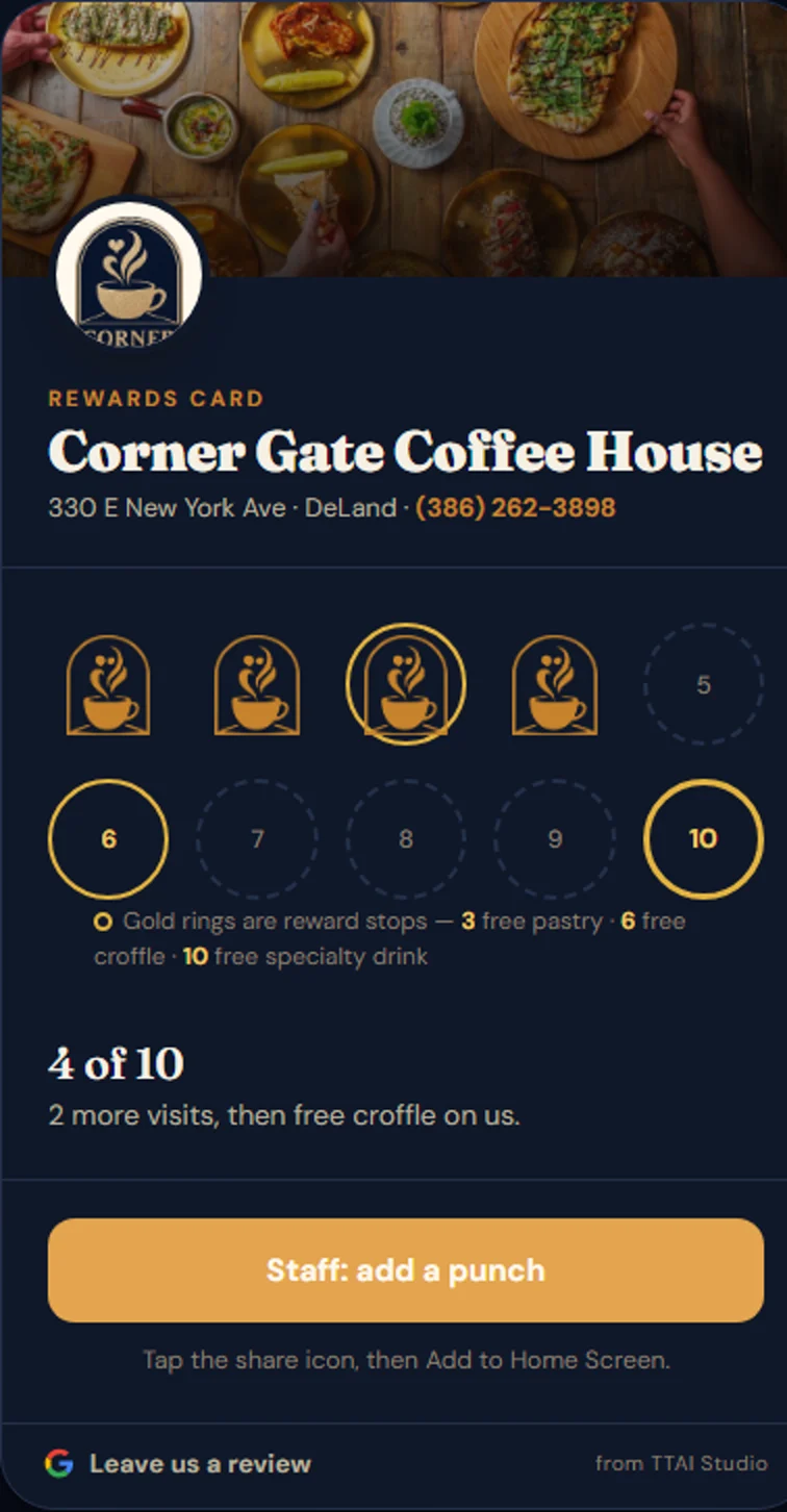 Corner Gate Coffee House digital rewards card showing four of ten visits